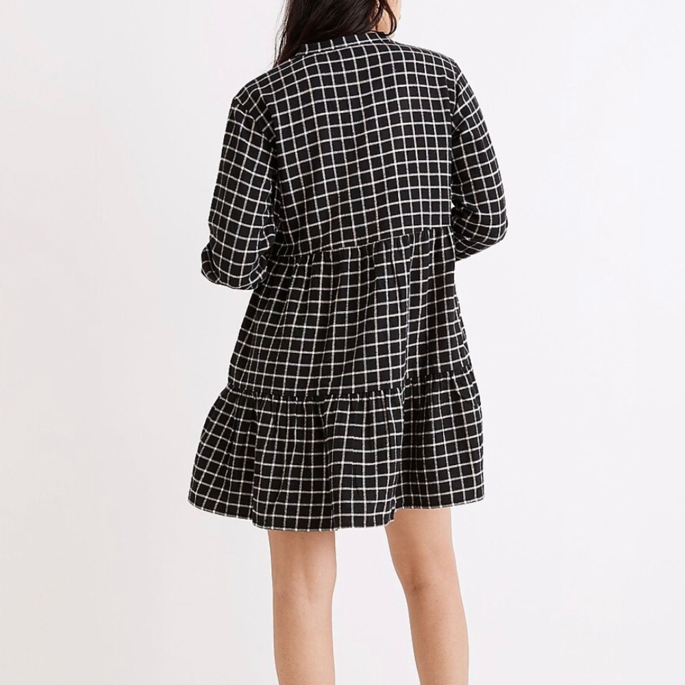 Flannel Button-Placket Tiered Mini Dress in Windowpane
